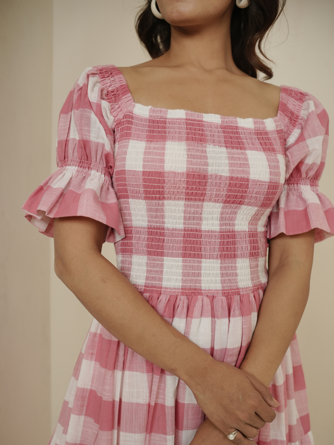 Pink Check Block Printed Dress