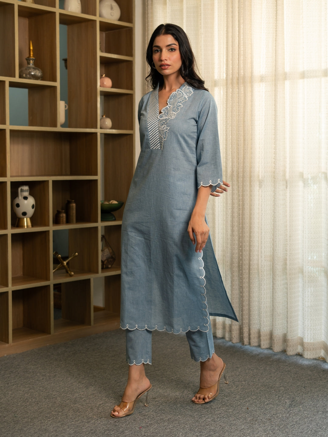 Chambray Embroidered Kurta Set with Dupatta and Pants