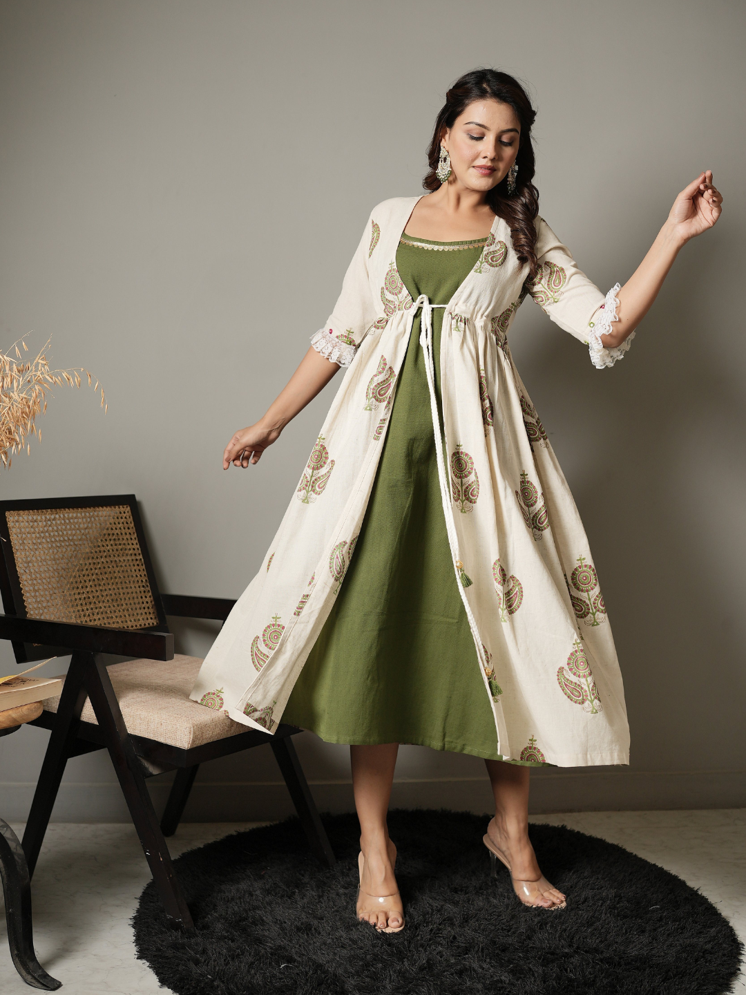 Green Inner with Block Print Cotton Shrug Dress