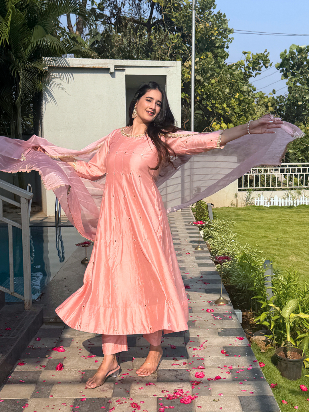 Pink Chanderi Anarkali Kurta Set With Organza Dupatta
