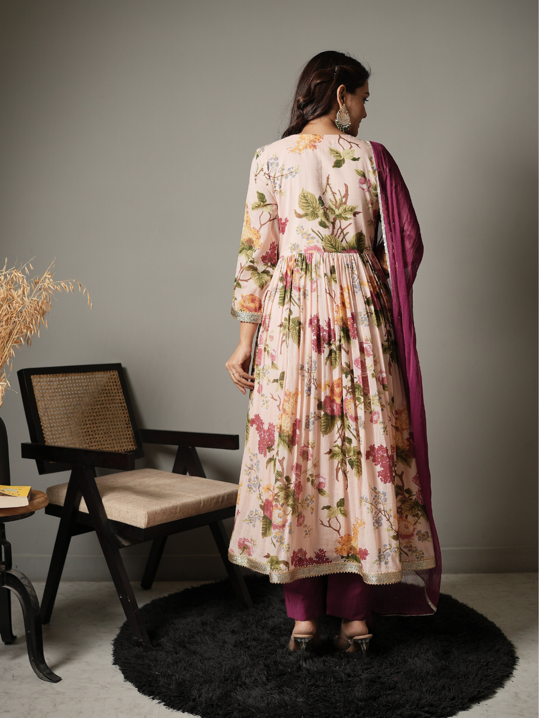 Floral Anarkali Kurta With Pants and Dupatta