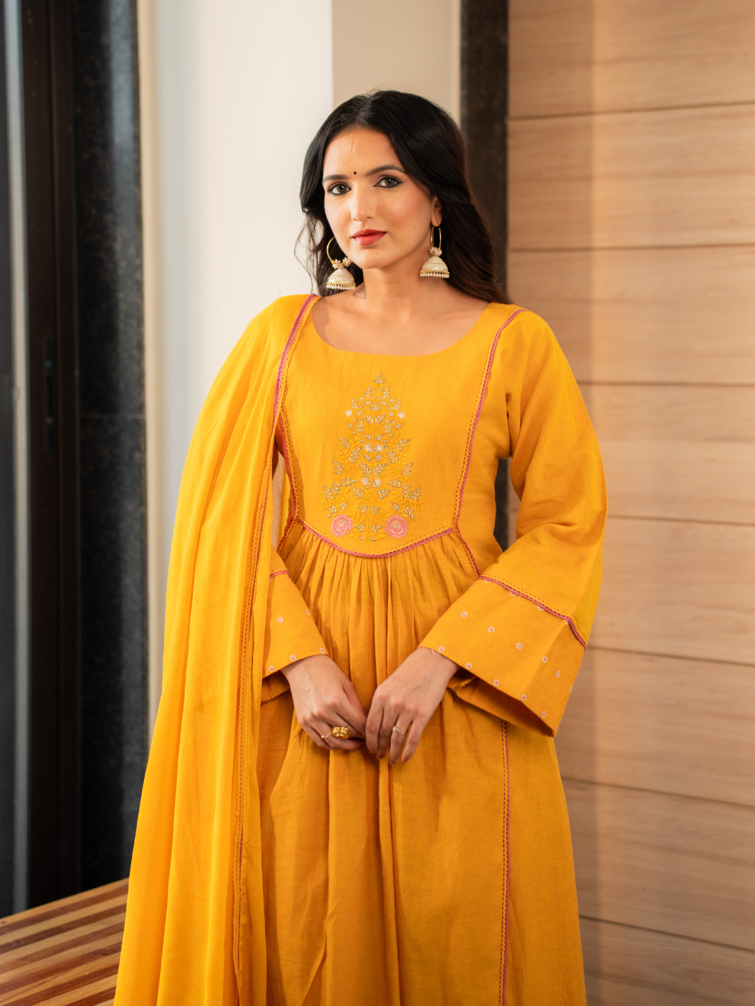 Yellow Cotton Embroidered Anarkali Kurta Set With Dupatta And Pants