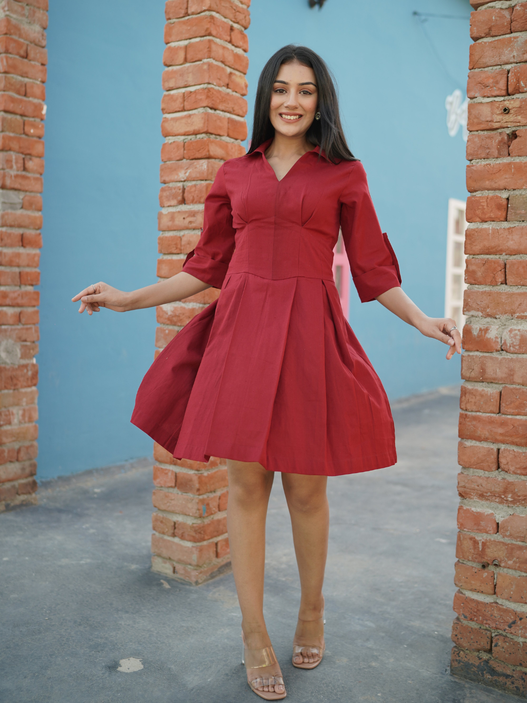 Red Cotton Linen Short Dress