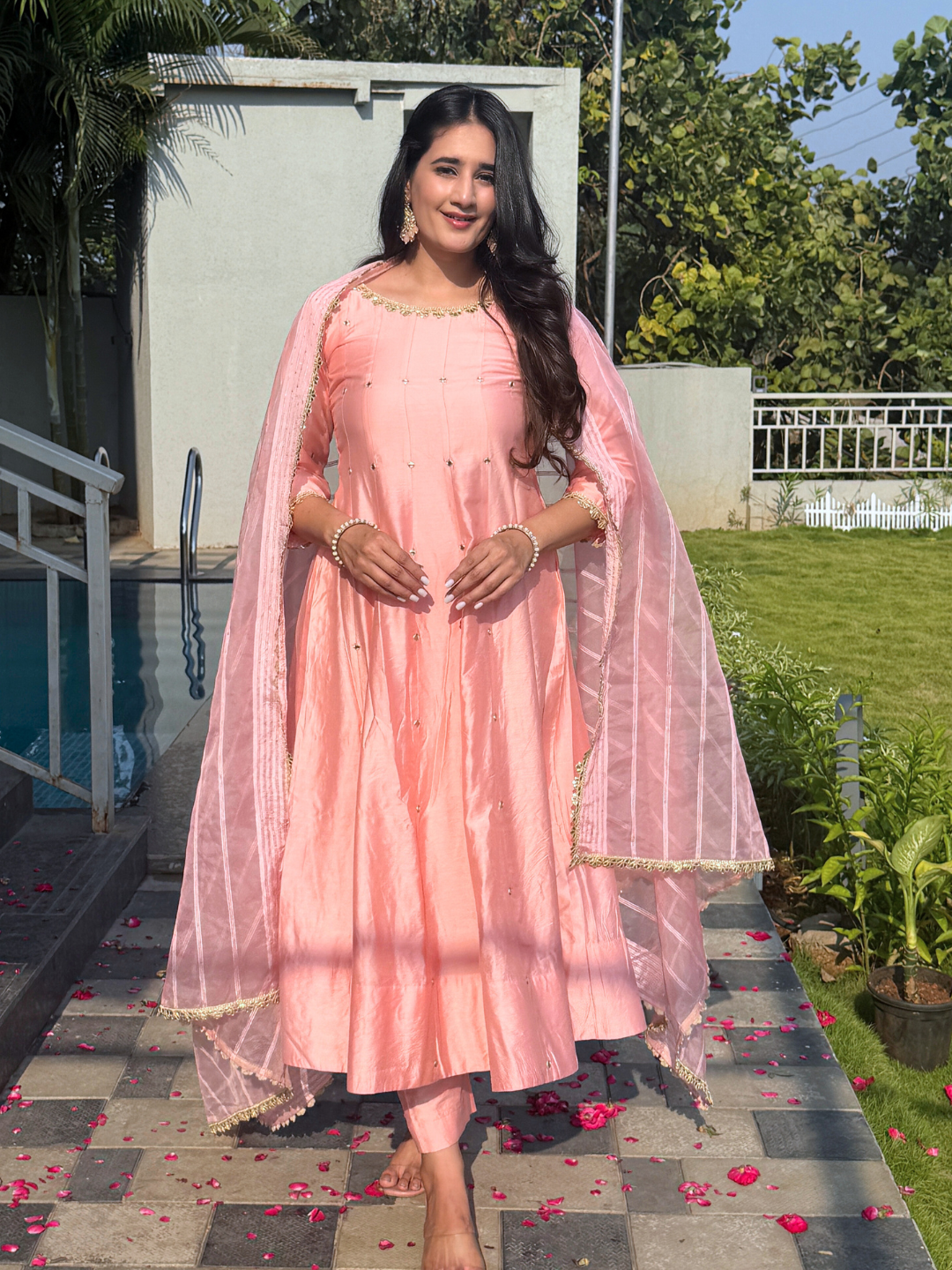 Pink Chanderi Anarkali Kurta Set With Organza Dupatta