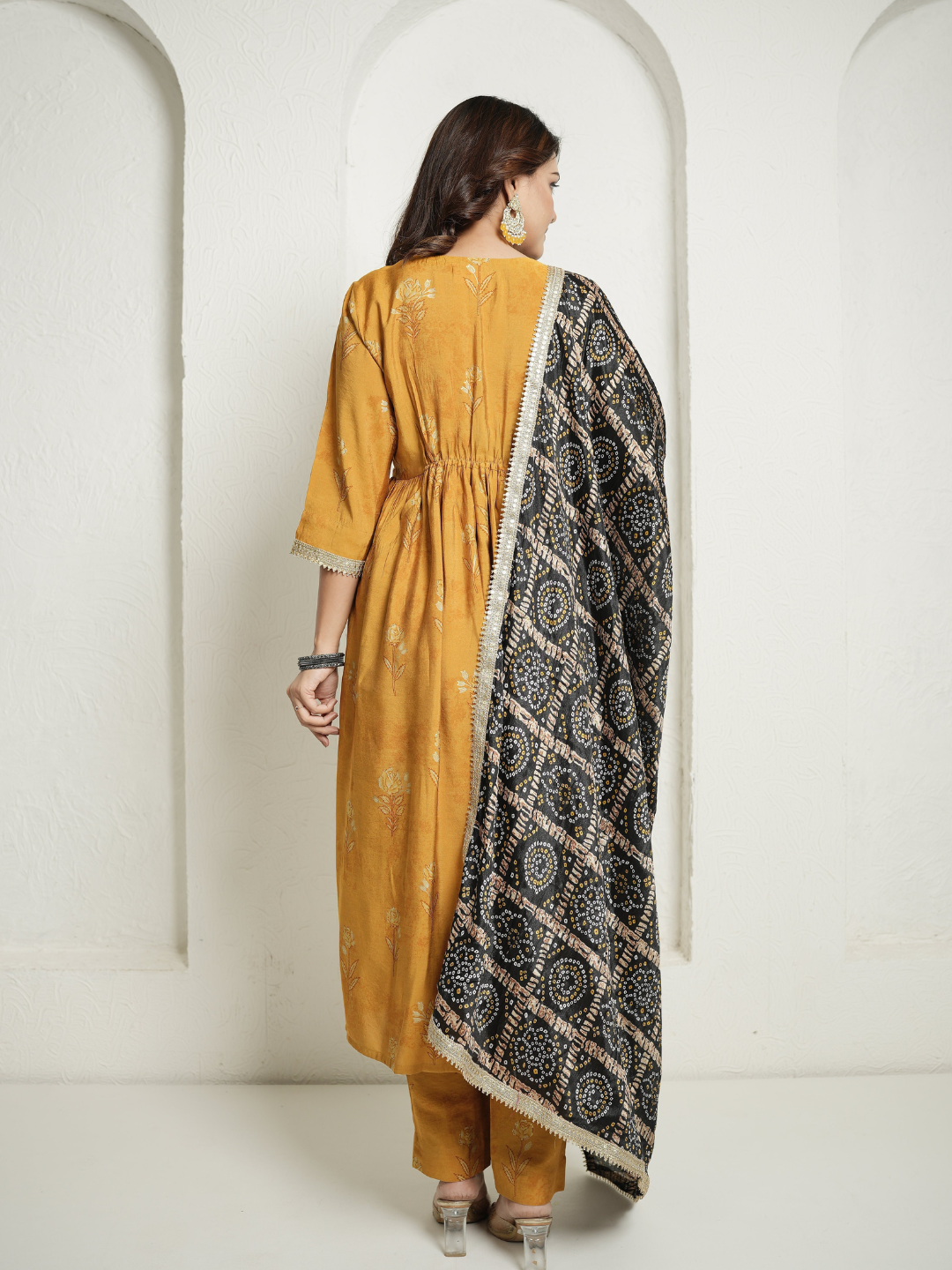 Muslin Yellow Anarkali Kurta with Black Banhdej Dupatta