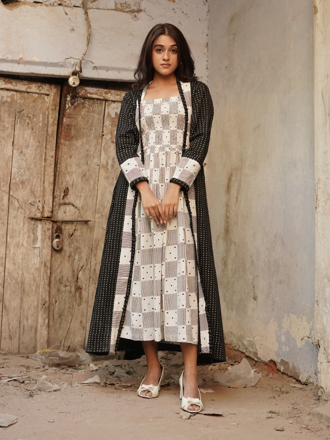 Heart Block Print Inner with Polka Dot Print Shrug