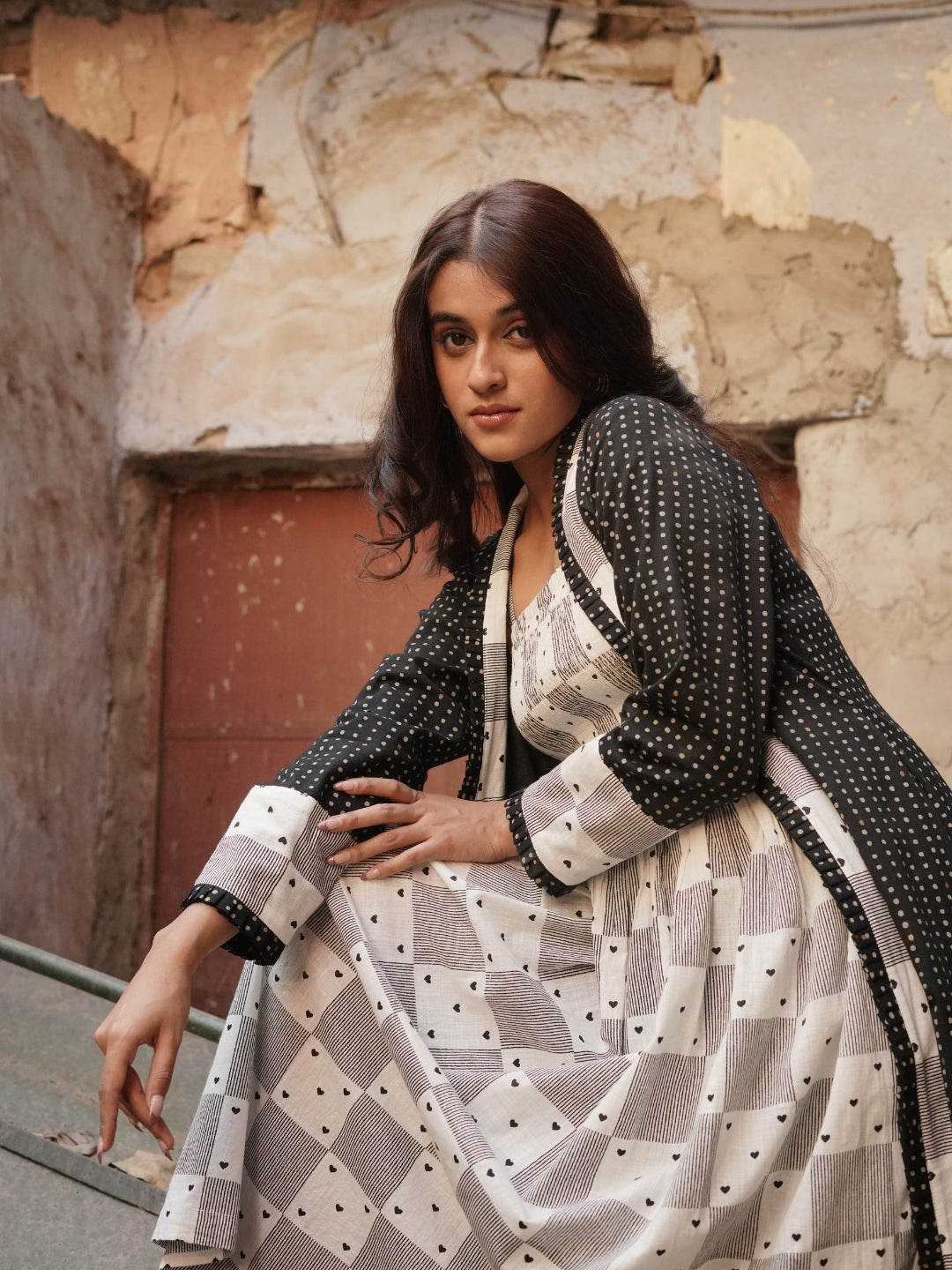 Heart Block Print Inner with Polka Dot Print Shrug
