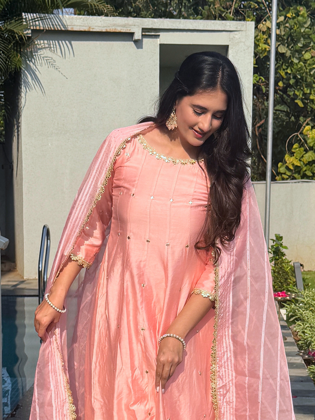 Pink Chanderi Anarkali Kurta Set With Organza Dupatta