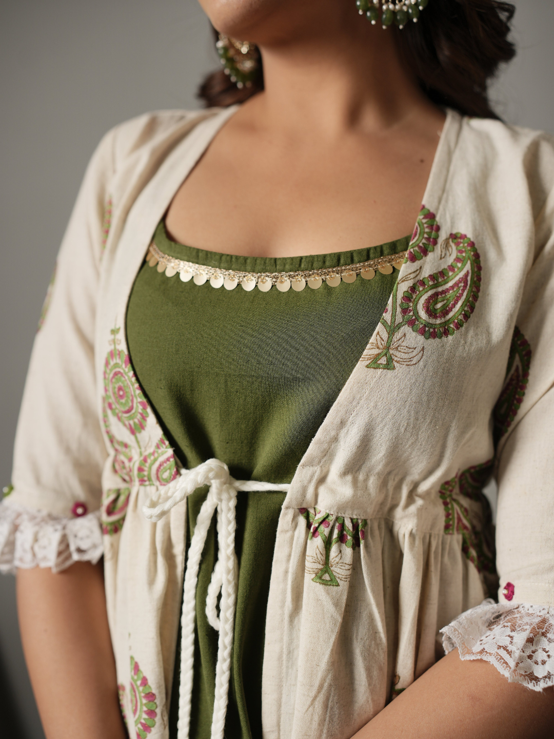 Green Inner with Block Print Cotton Shrug Dress