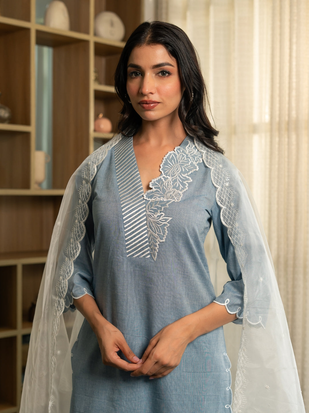 Chambray Embroidered Kurta Set with Dupatta and Pants