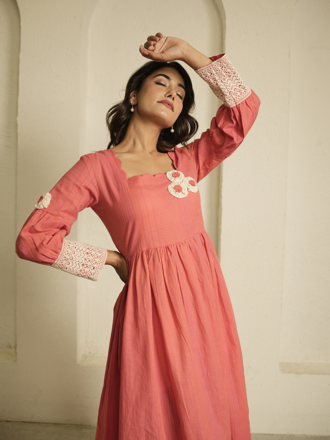 Coral Dress with Lace Detailing