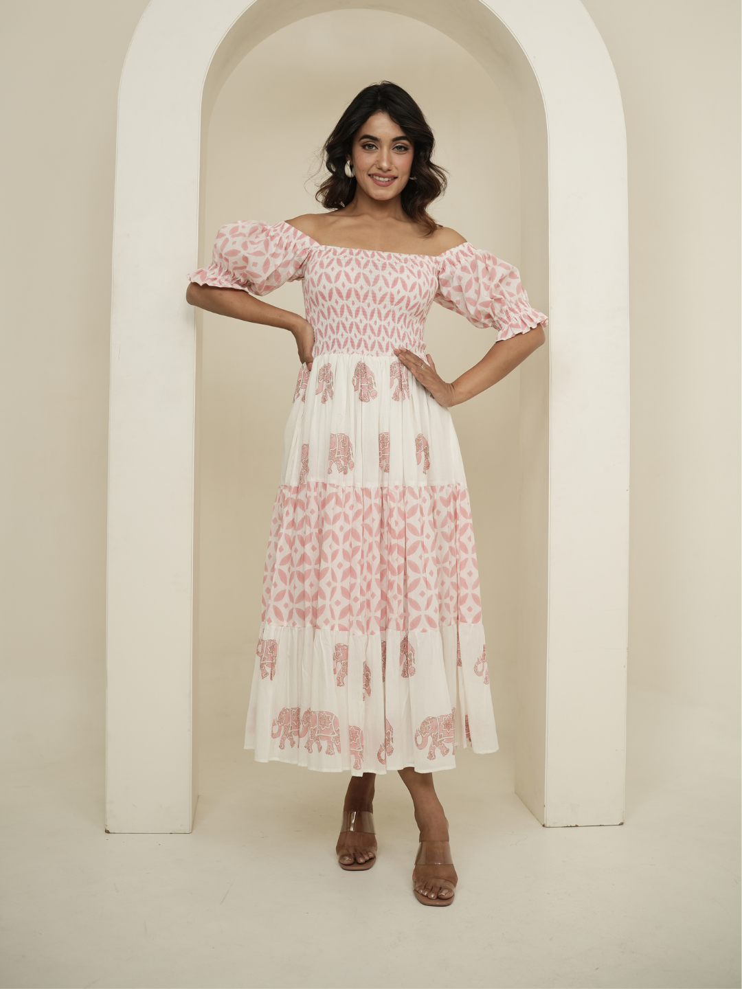 Pastel Pink and White Block Printed Dress