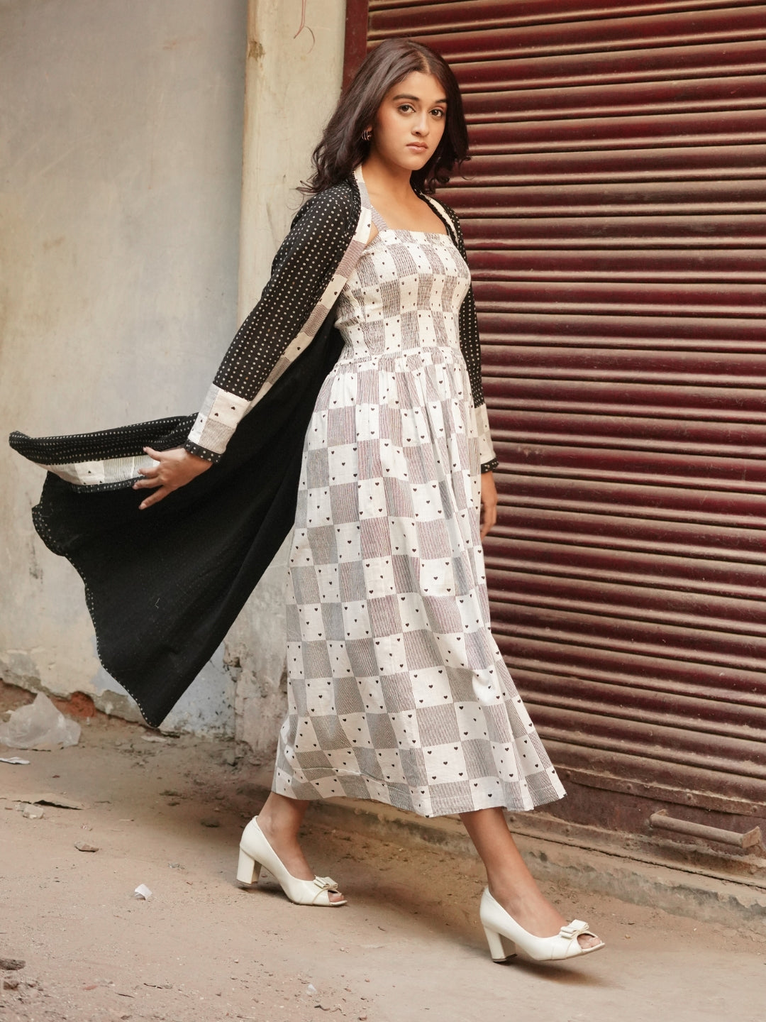 Heart Block Print Inner with Polka Dot Print Shrug