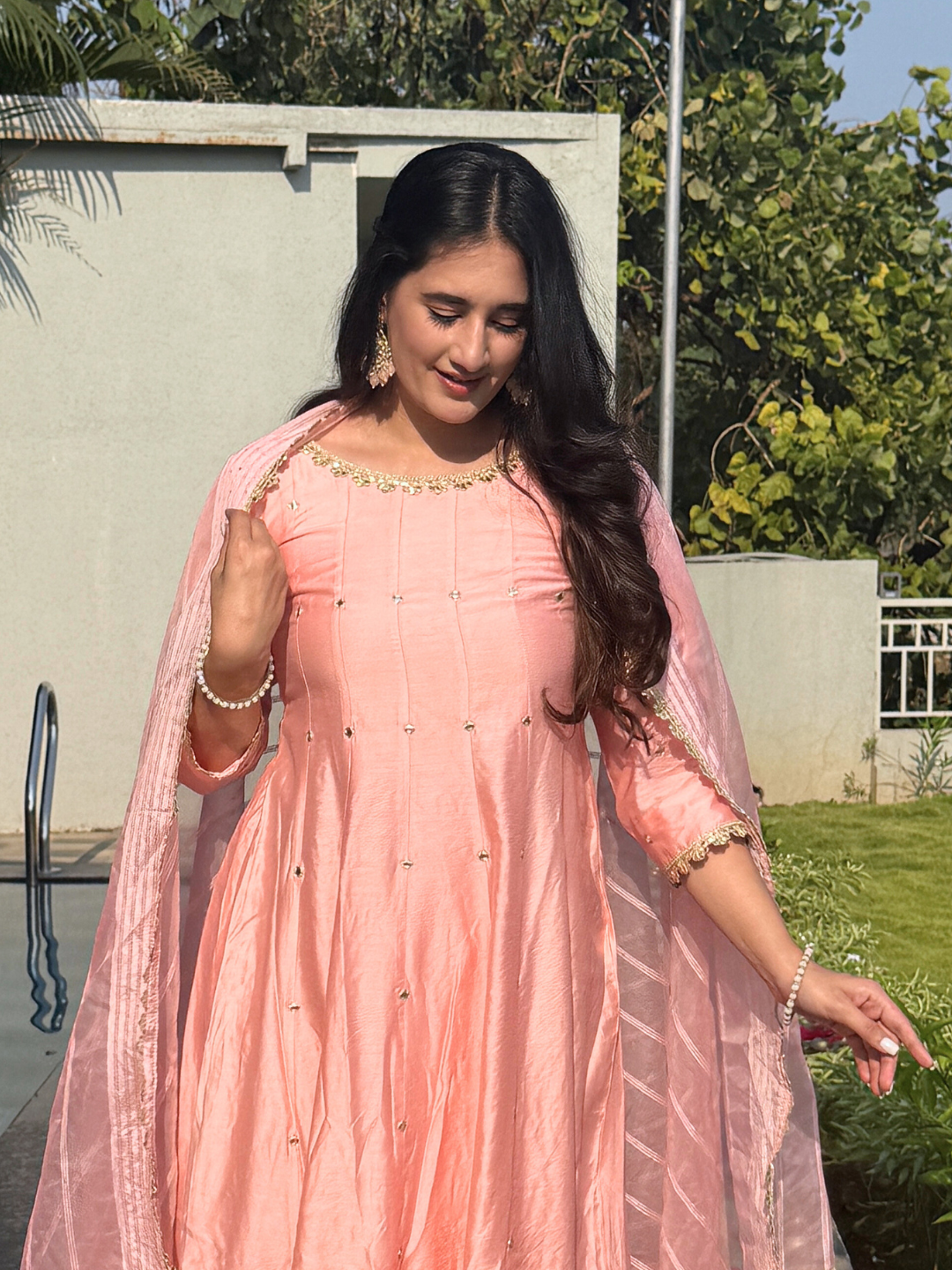 Pink Chanderi Anarkali Kurta Set With Organza Dupatta