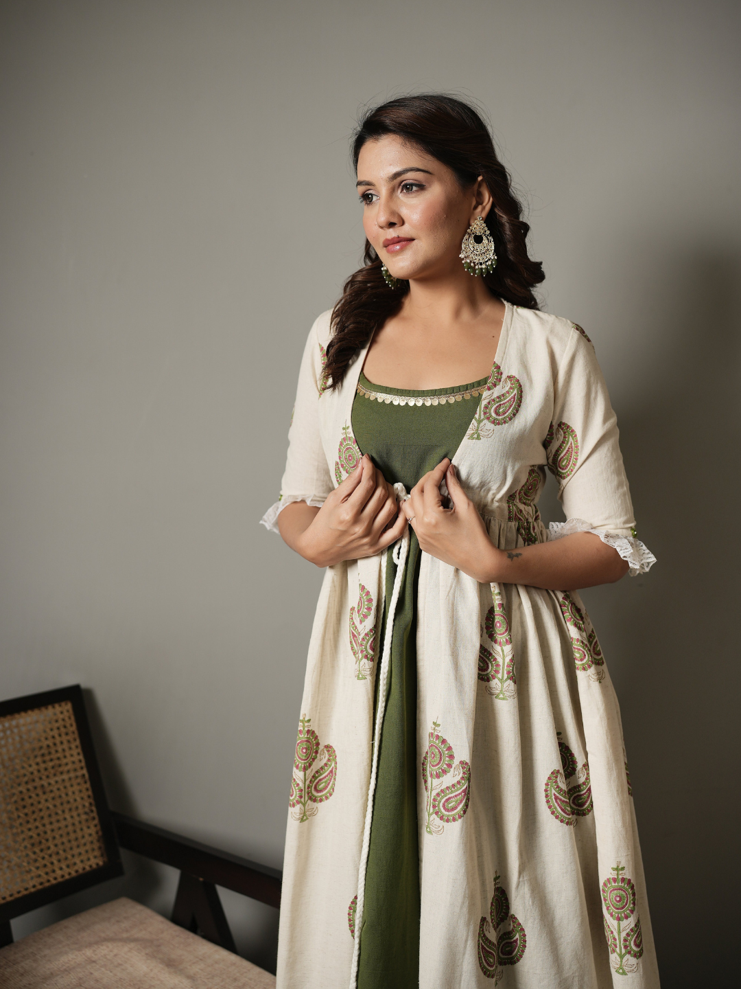 Green Inner with Block Print Cotton Shrug Dress