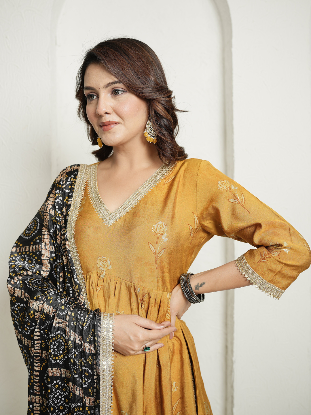 Muslin Yellow Anarkali Kurta with Black Banhdej Dupatta