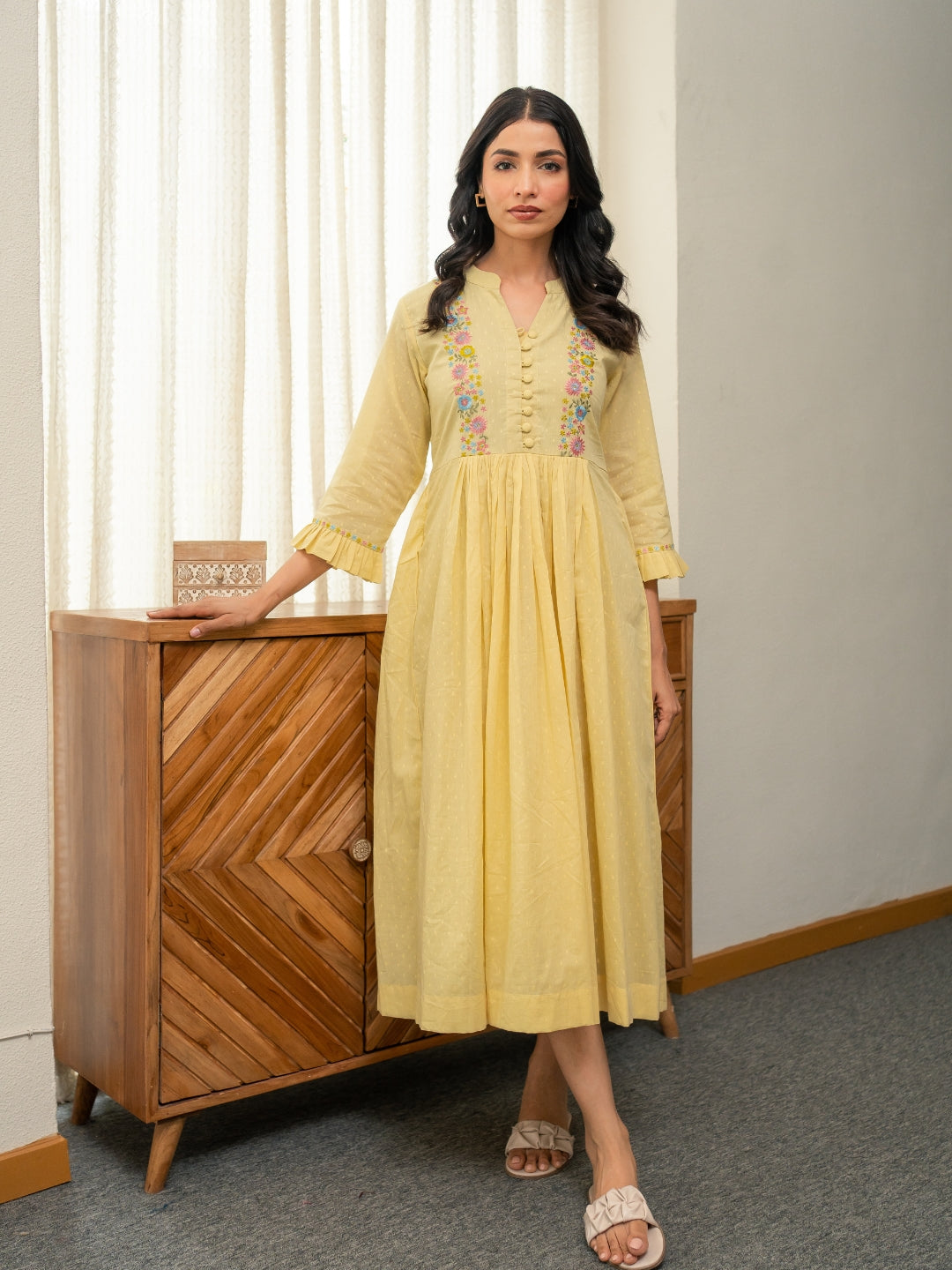Dobby Pastel Yellow Dress with Embroidery