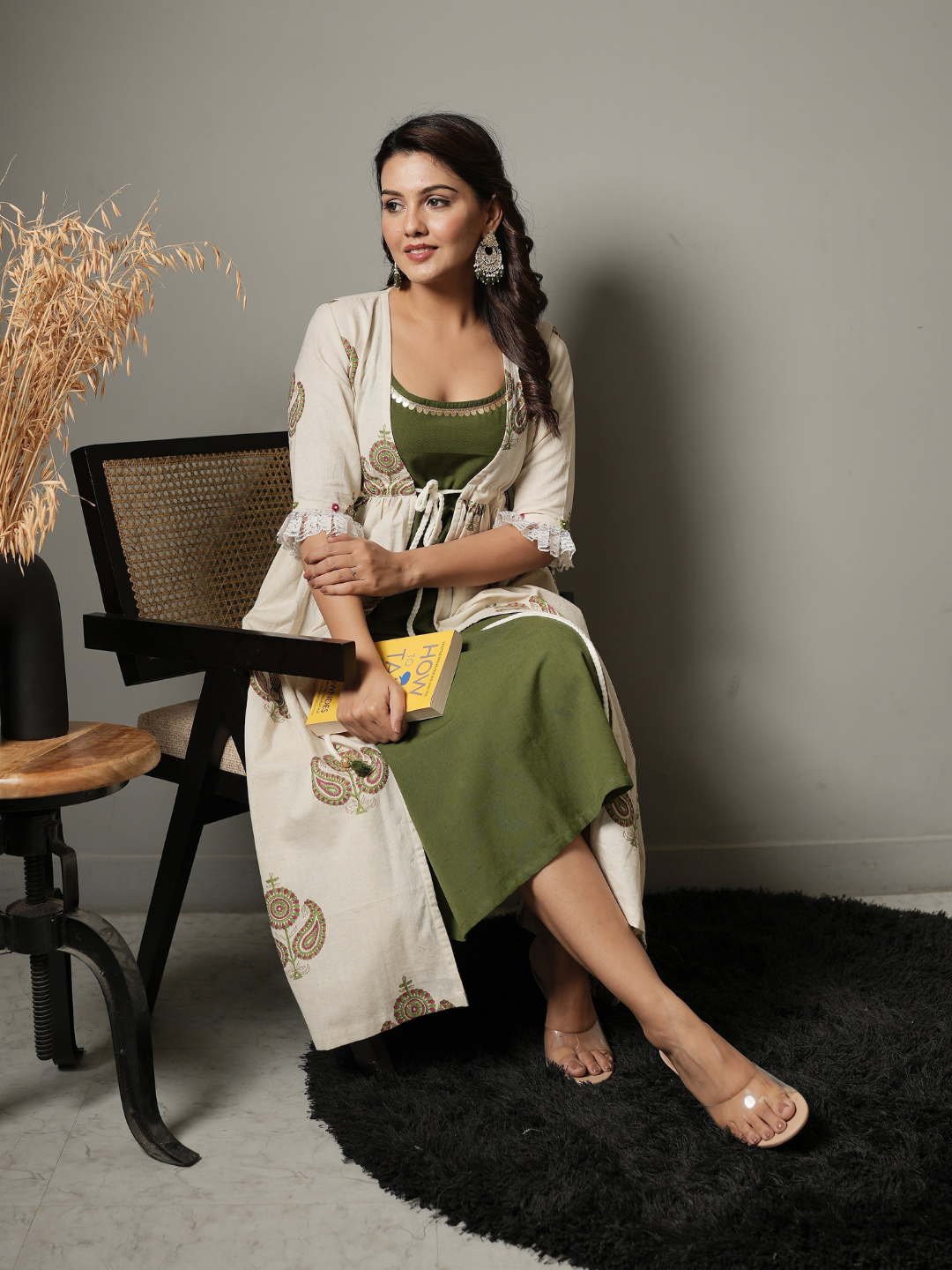 Green Inner with Block Print Cotton Shrug Dress