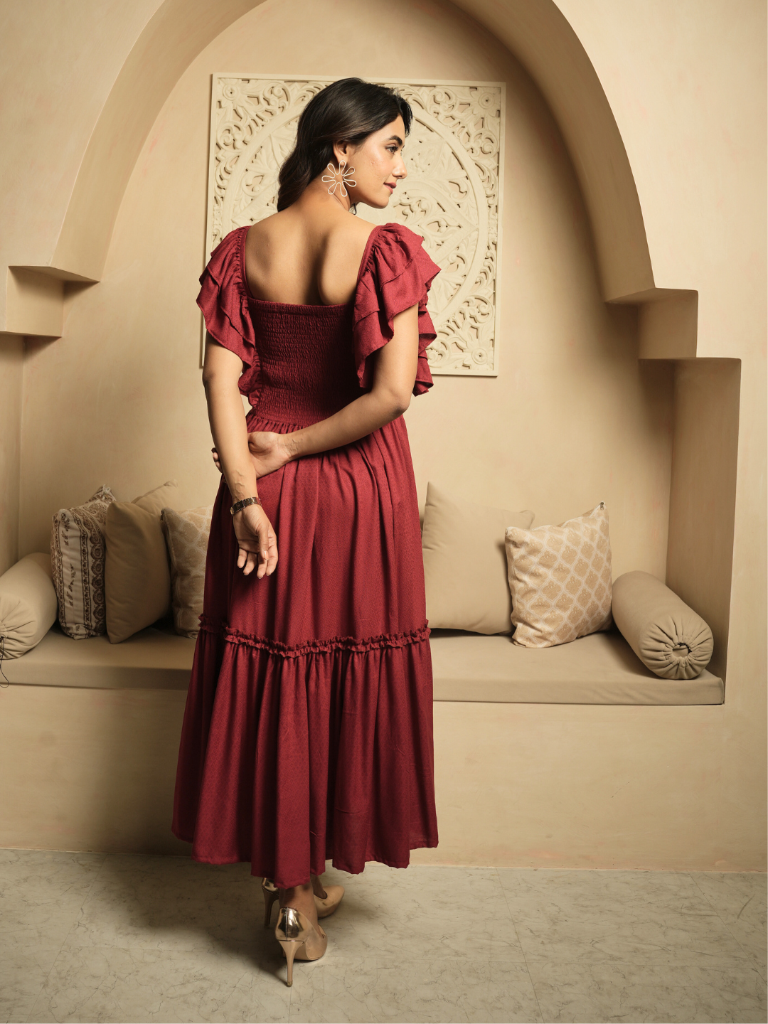 Whimsical Whirl Maroon Dress