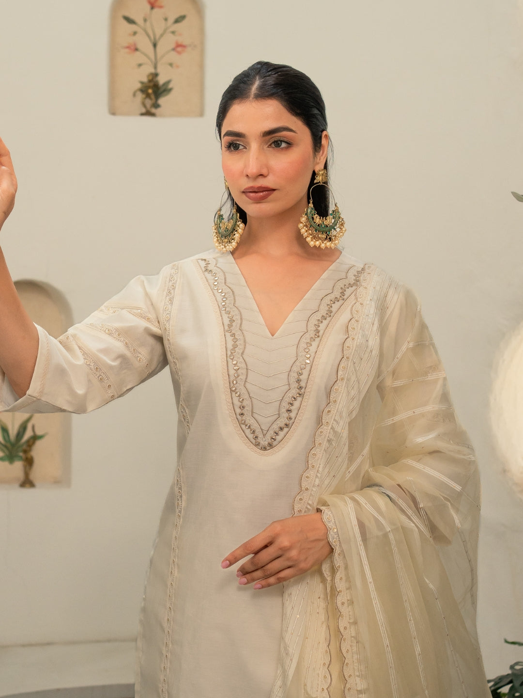 Chanderi Embroidery Pintucks Kurta with Dupatta and Pants
