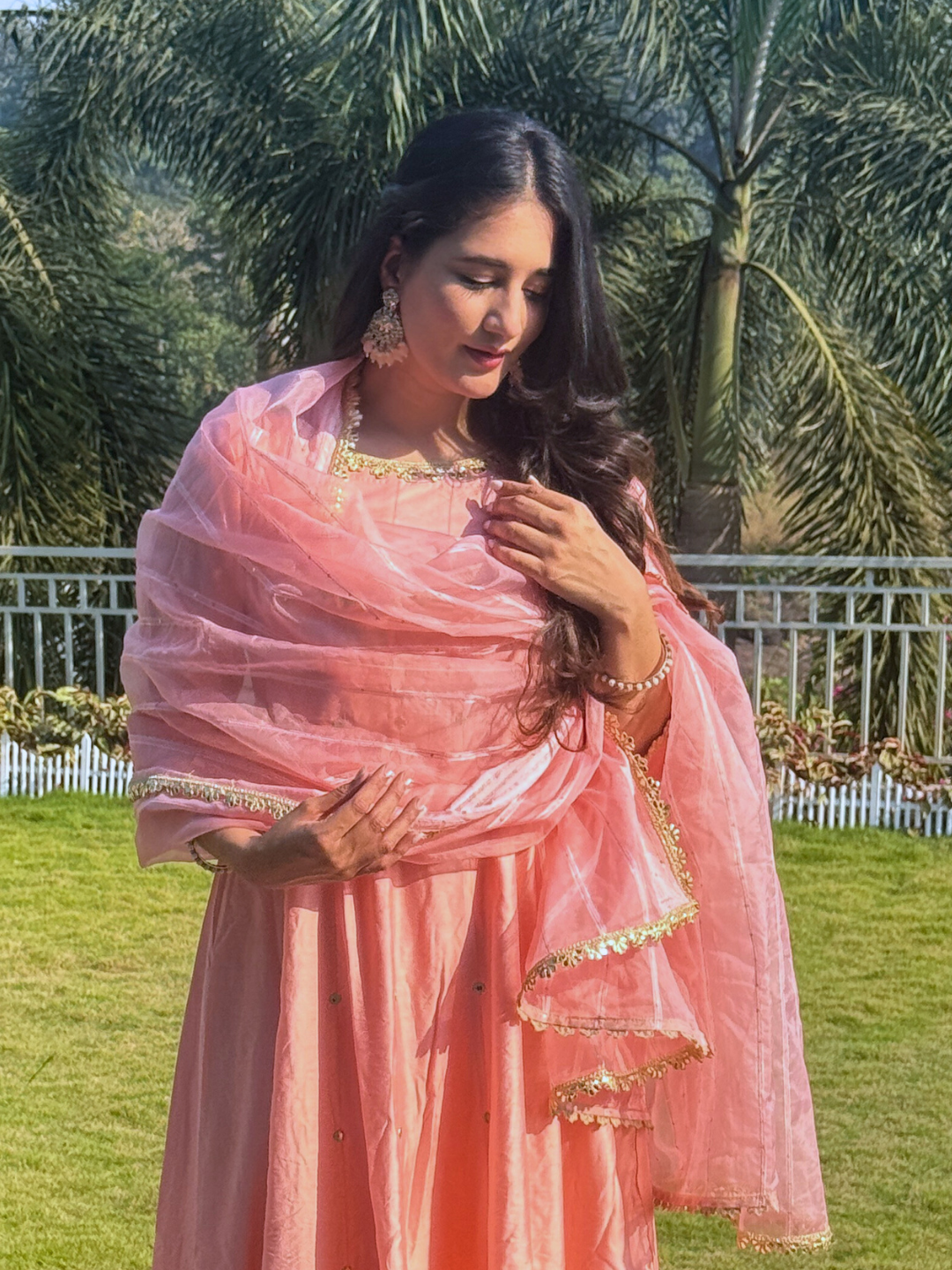 Pink Chanderi Anarkali Kurta Set With Organza Dupatta