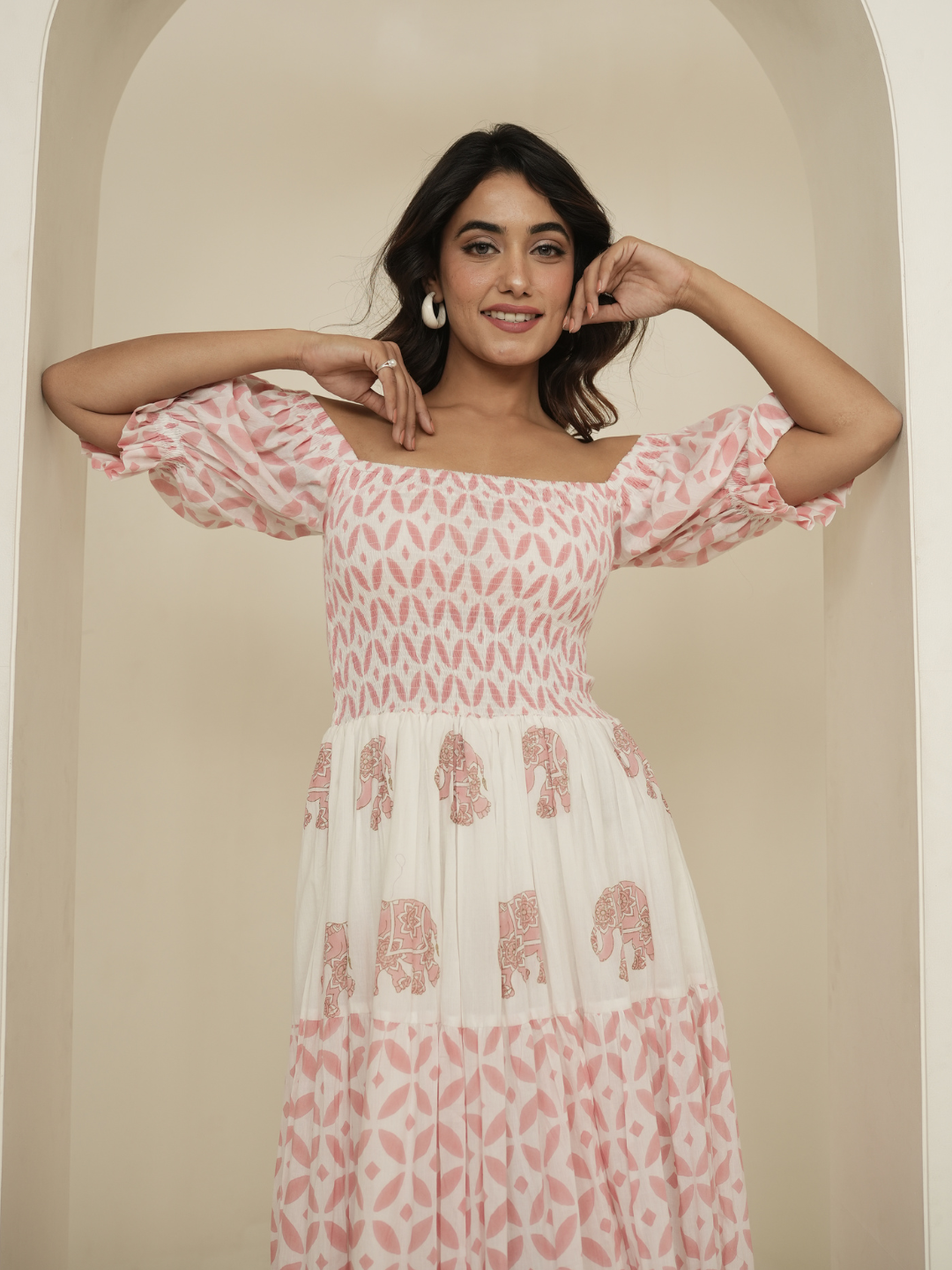 Pastel Pink and White Block Printed Dress