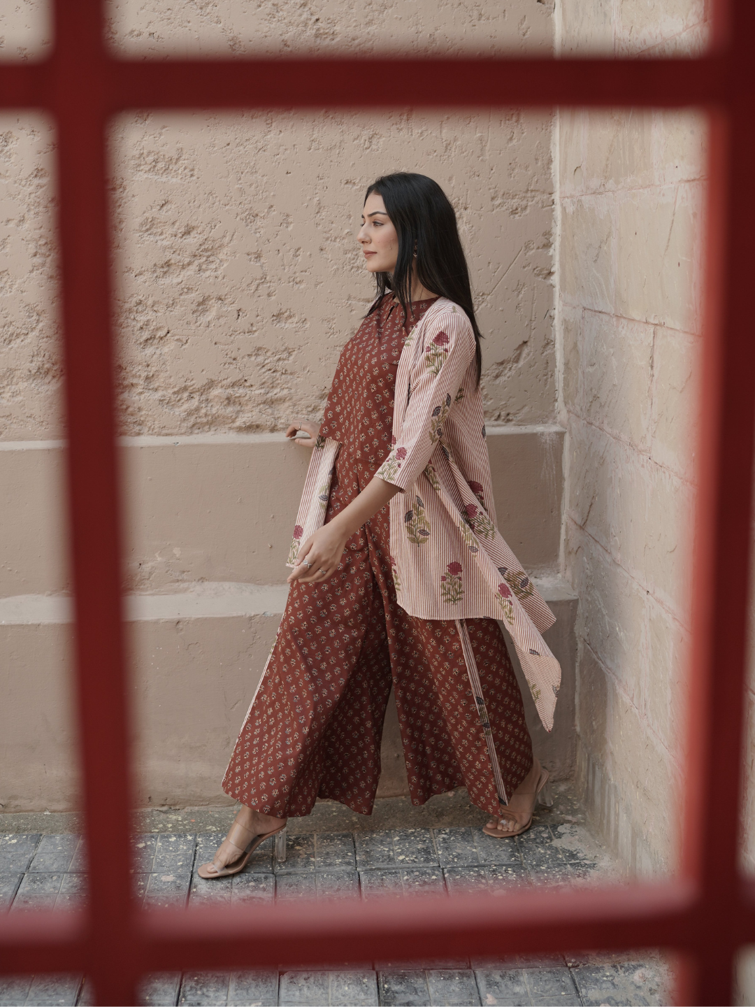 Block Printed Co-ord Top and Palazzo with Shrug