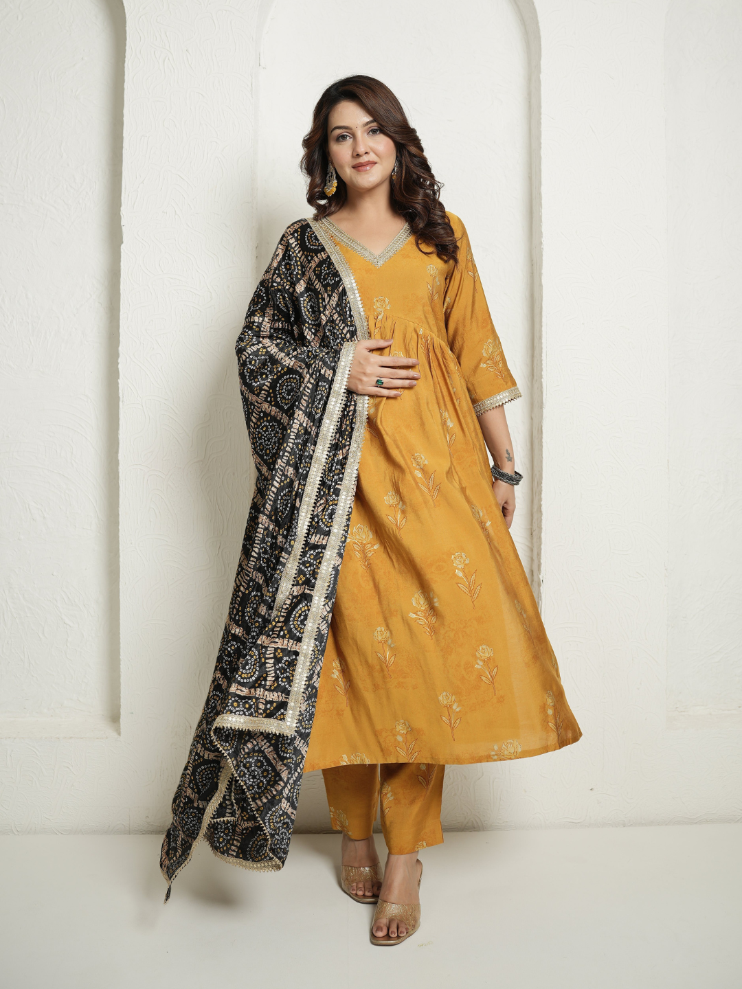 Muslin Yellow Anarkali Kurta with Black Banhdej Dupatta