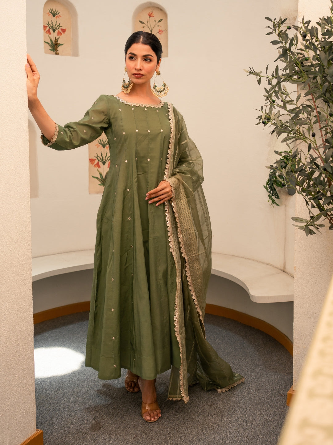 Green Chanderi Anarkali Kurta Set With Dupatta And Pants