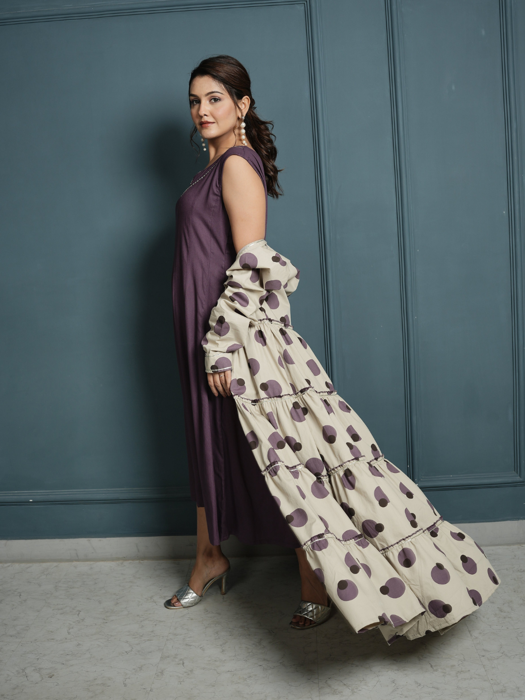 RAYON INNER DRESS WITH POPLIN BLOCK PRINT SHRUG