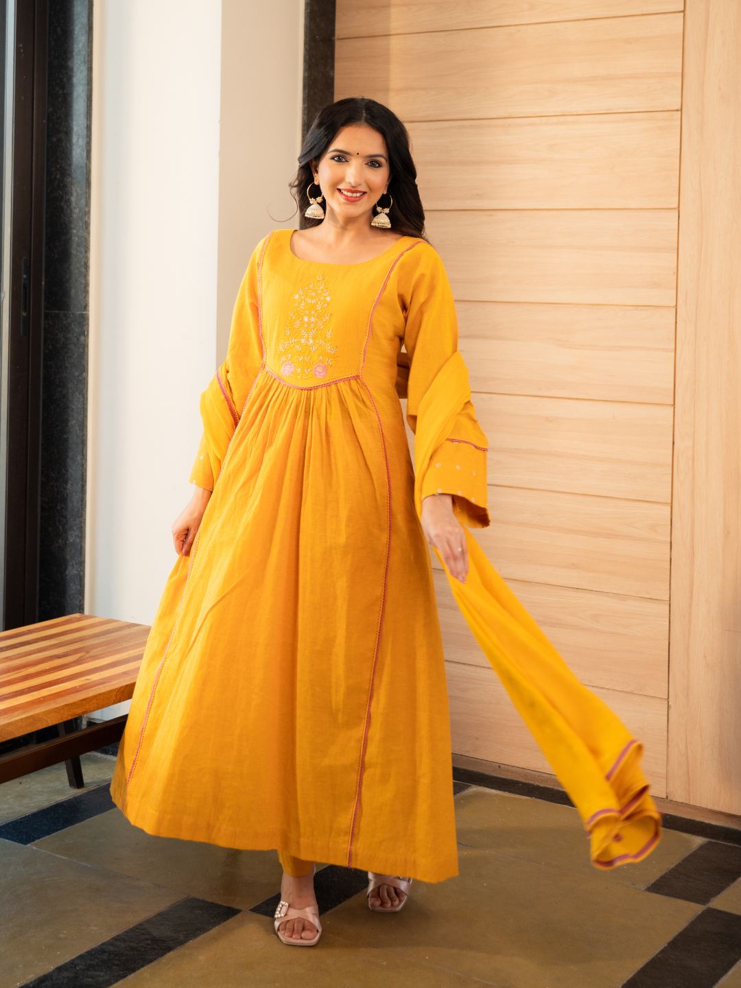 Yellow Cotton Embroidered Anarkali Kurta Set With Dupatta And Pants