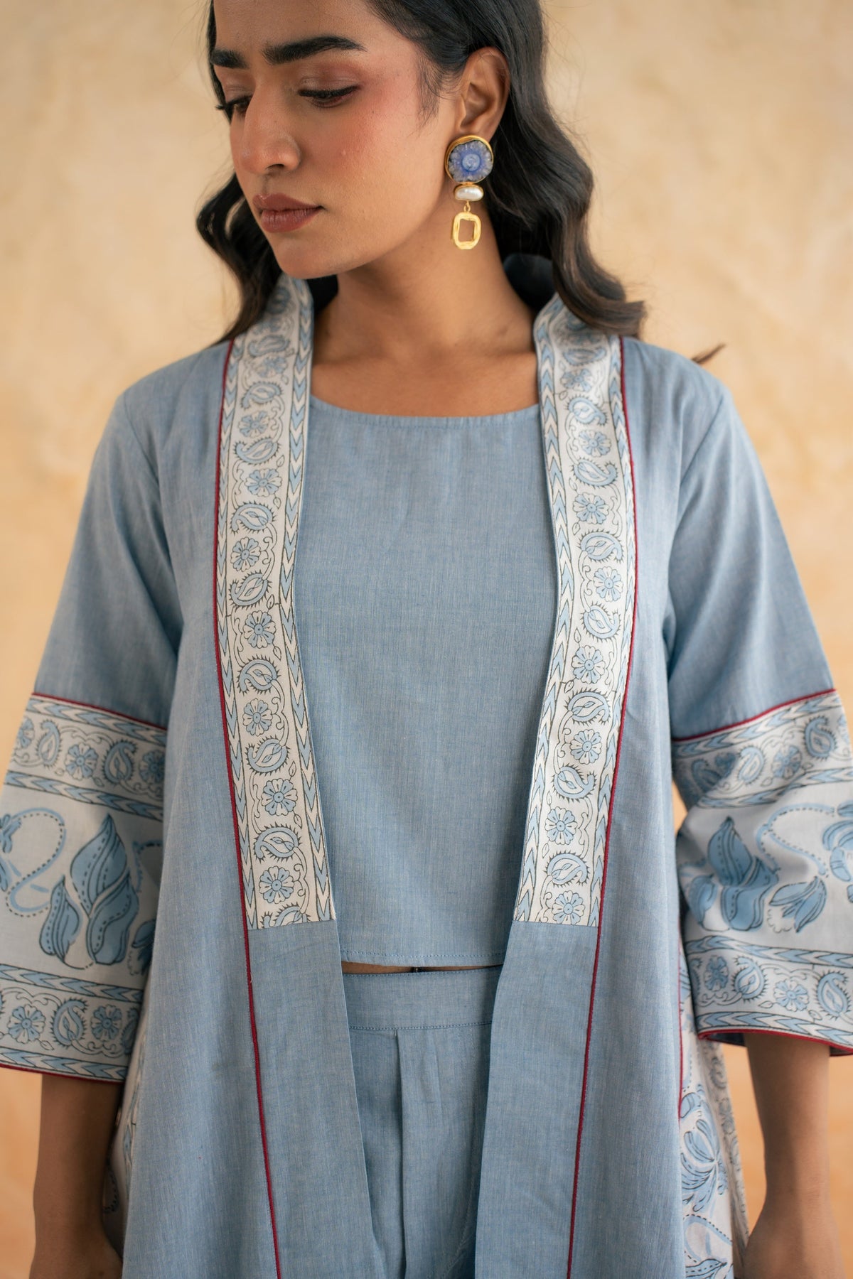 BLOCK PRINT SHRUG WITH PANT N CROP CHAMBRAY