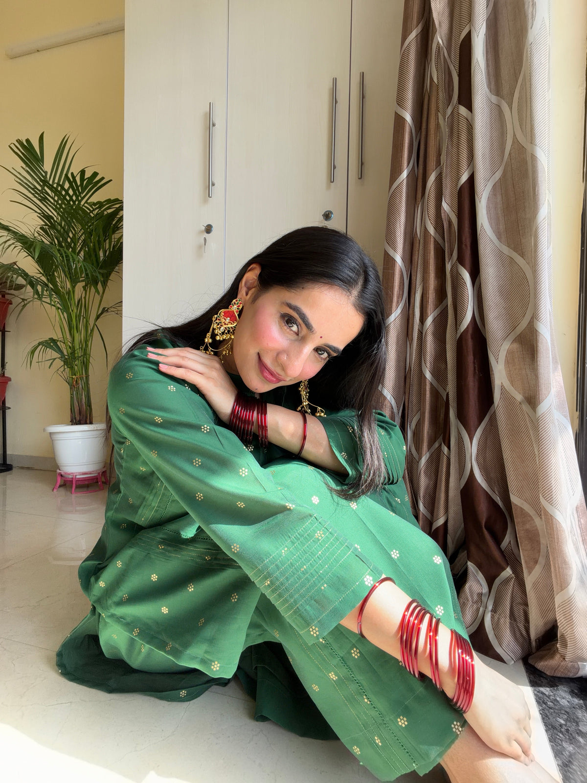 Green Silk Self-Woven Kurta