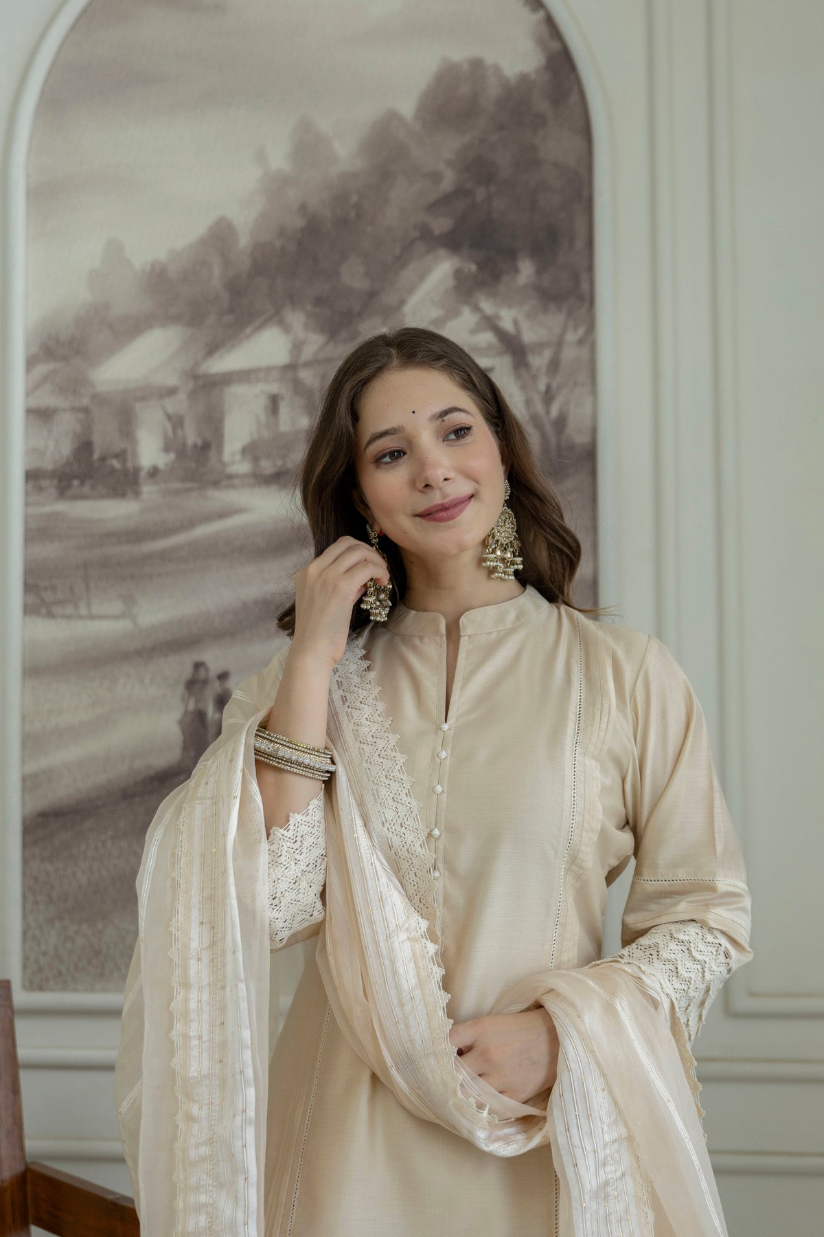 Shahi Bej Chanderi Kurta set with Dupatta and Pants