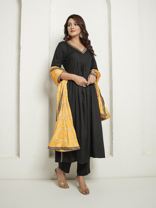 Black Kurta and Pants with Yellow Bandhej Dupatta