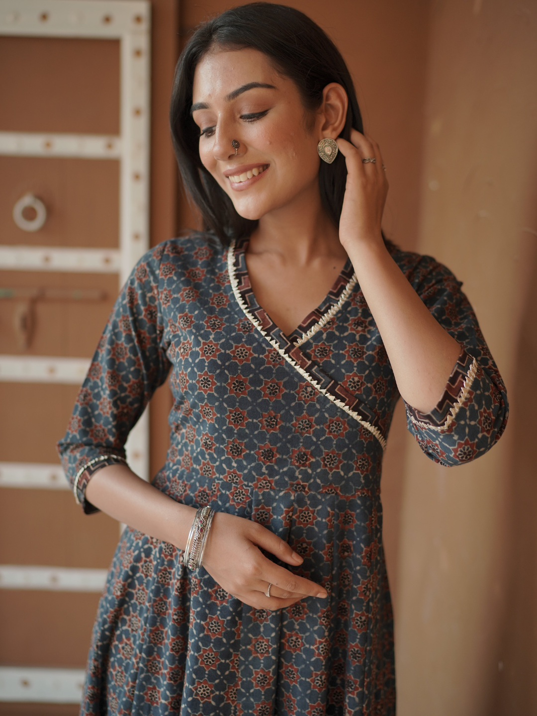 Indigo Ajrakh printed Anarkali Kurta