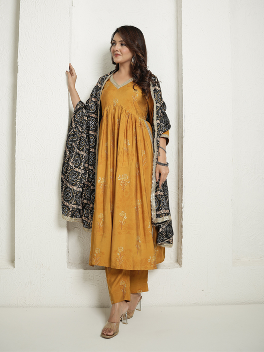 Muslin Yellow Anarkali  Kurta with Black Banhdej Dupatta