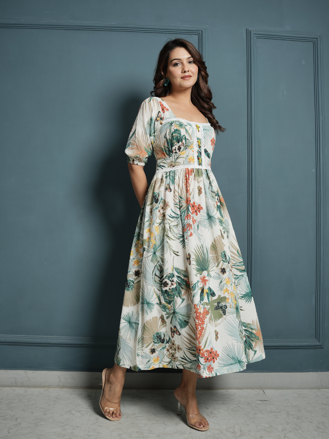 Flower Crinkle Crepe Dress with Lace