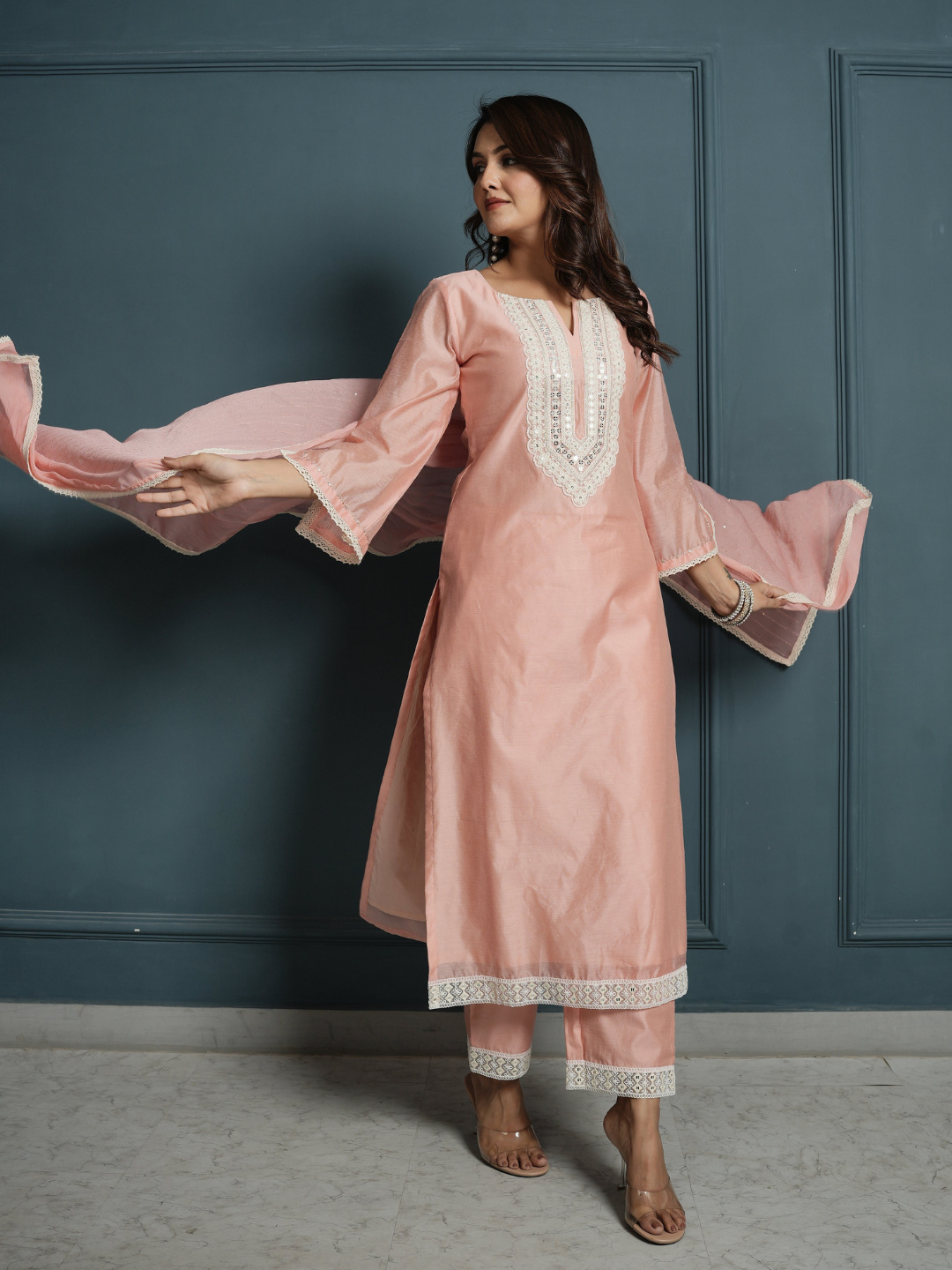 Pastel Pink Chanderi Kurta with Pants and Dupatta