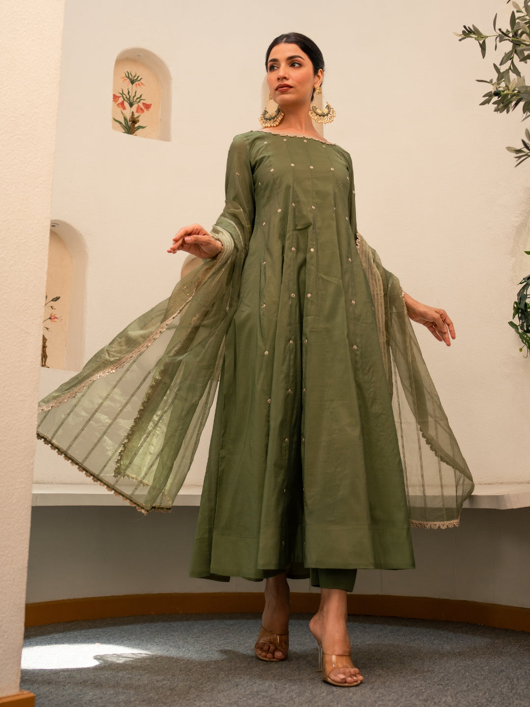 Green Chanderi Anarkali Kurta Set With Dupatta And Pants