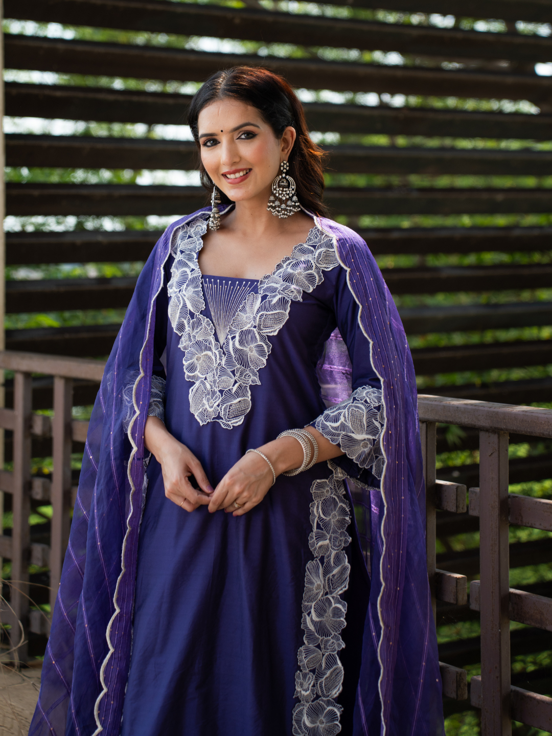 Blue Chanderi Kurta Set With Embroidery