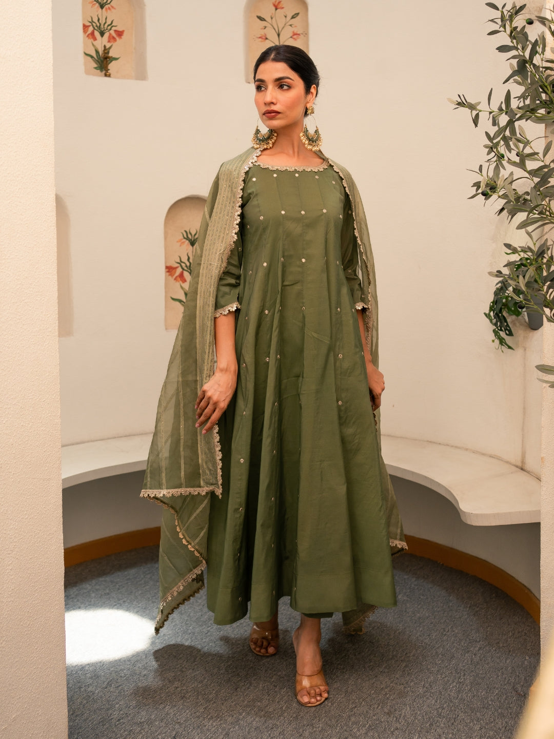 Green Chanderi Anarkali Kurta Set With Dupatta And Pants