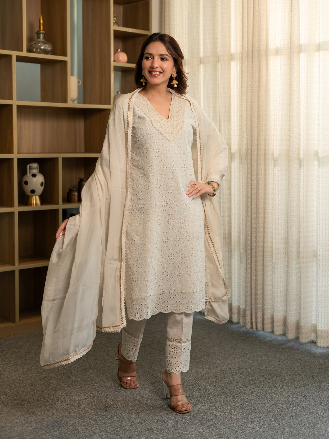 Schiffli Kurta Set with Dupatta and Pants