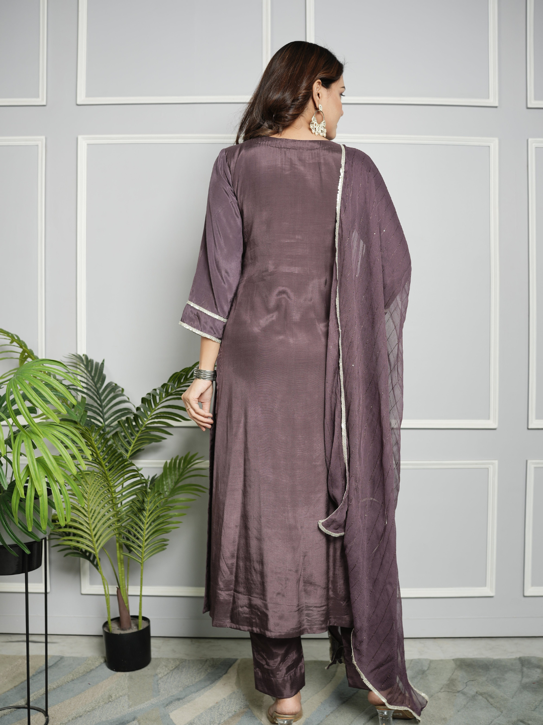 Purple Shantoon Embroidery Kurta with Pants and Dupatta