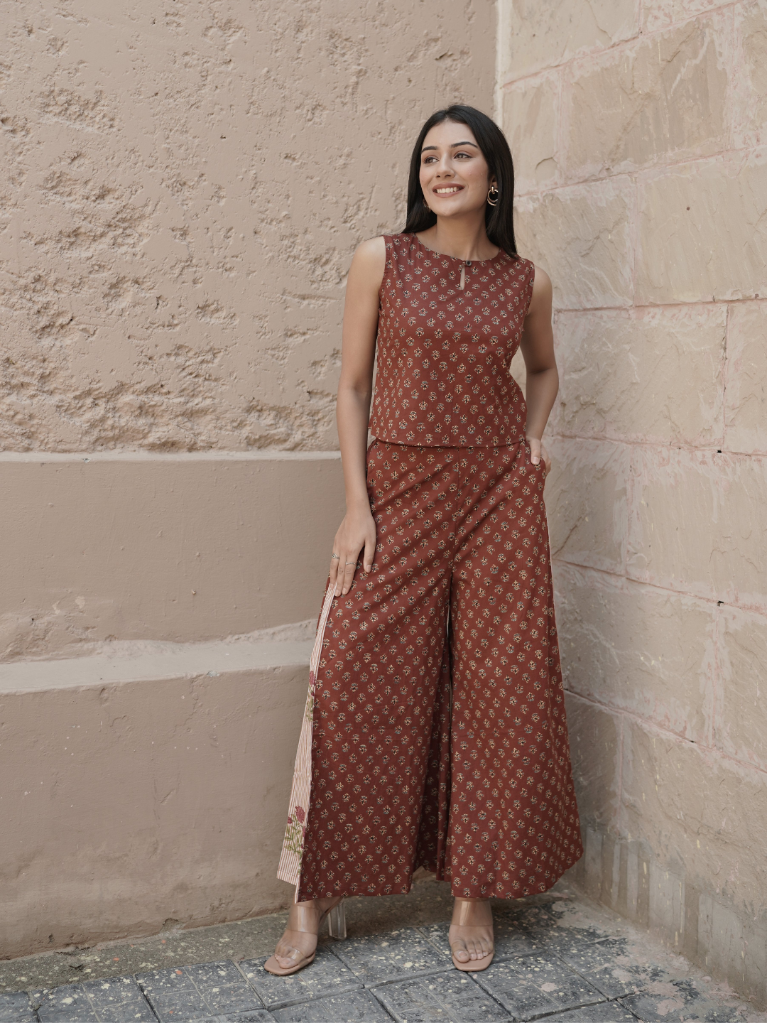 Block Printed Co-ord Top and Palazzo with Shrug