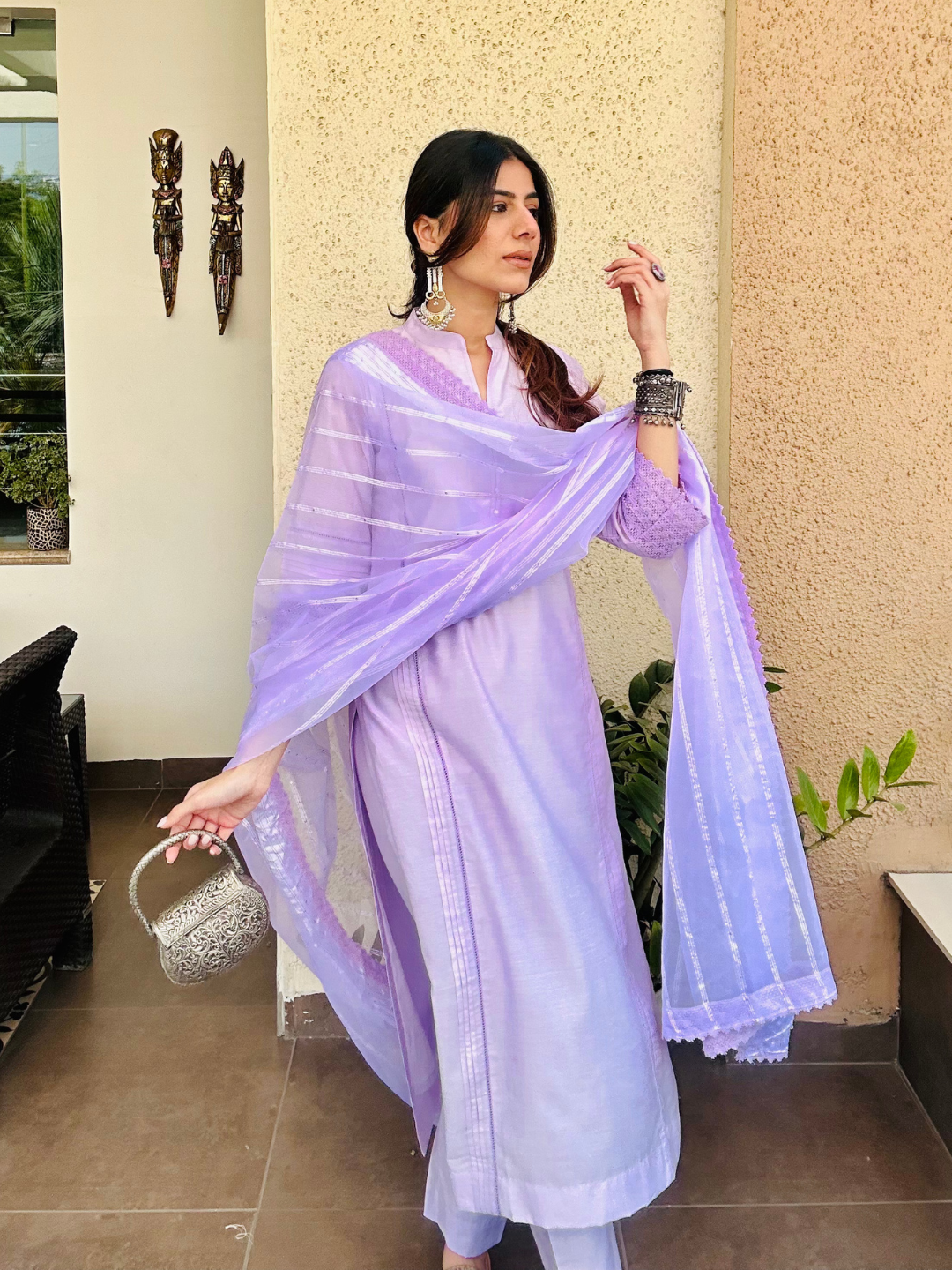 Lilac Chanderi Kurta Set With Dupatta & Pants