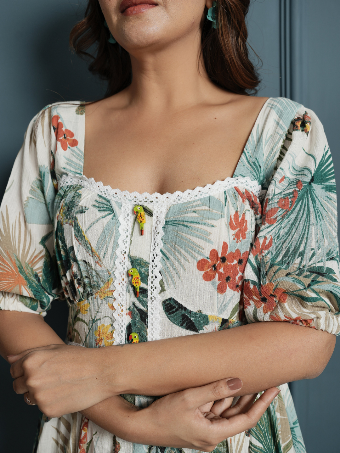 Flower Crinkle Crepe Dress with Lace