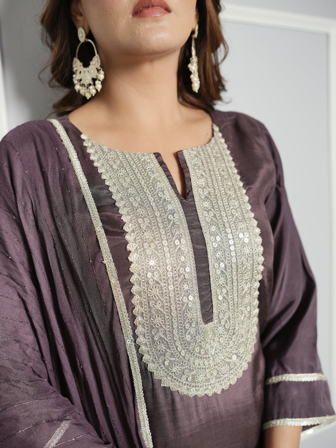 Purple Shantoon Embroidery Kurta with Pants and Dupatta