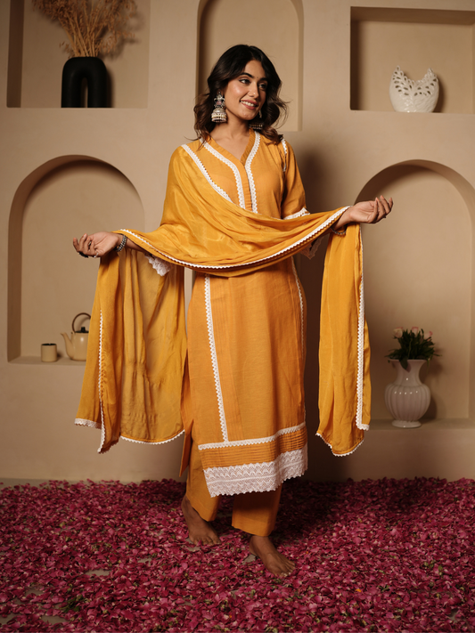 Mangalgiri Yarn Dyed Yellow Cotton Kurta with Dupatta And Pants
