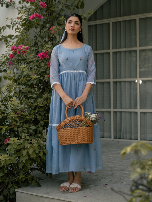 Blue Breeze Dress in Kota Doriya Fabric with Embroidery